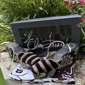 Elisa Ferrari Vntg Platform Wedge Ankle Strap Handmade Black Gold Shoe Sz 6